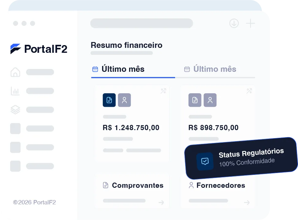 Dashboard do Portal F2 com resumo financeiro, comprovantes, fornecedores e status regulatório