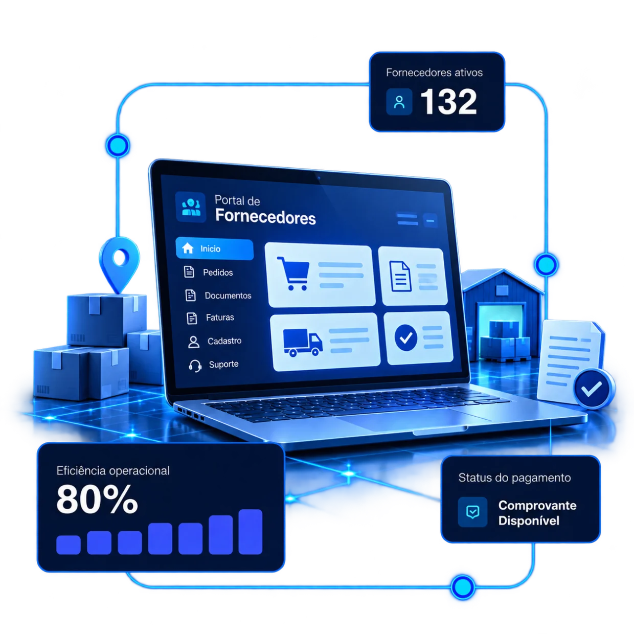 Portal F2 com indicadores de fornecedores, eficiência operacional e status de pagamento